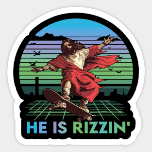 He Is Rizzin Funny Easter Day Jesus Riding Skateboard Sticker